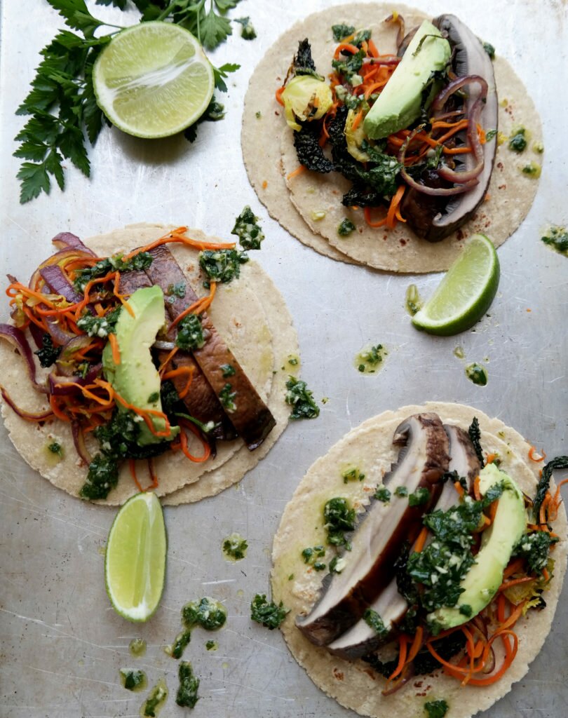 Portobello tacos with veggie hash and chimichurri
