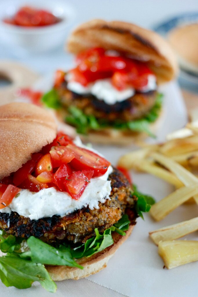 Winter Herb Quinoa Burgers with Marinated Tomato & Whipped Goat Cheese