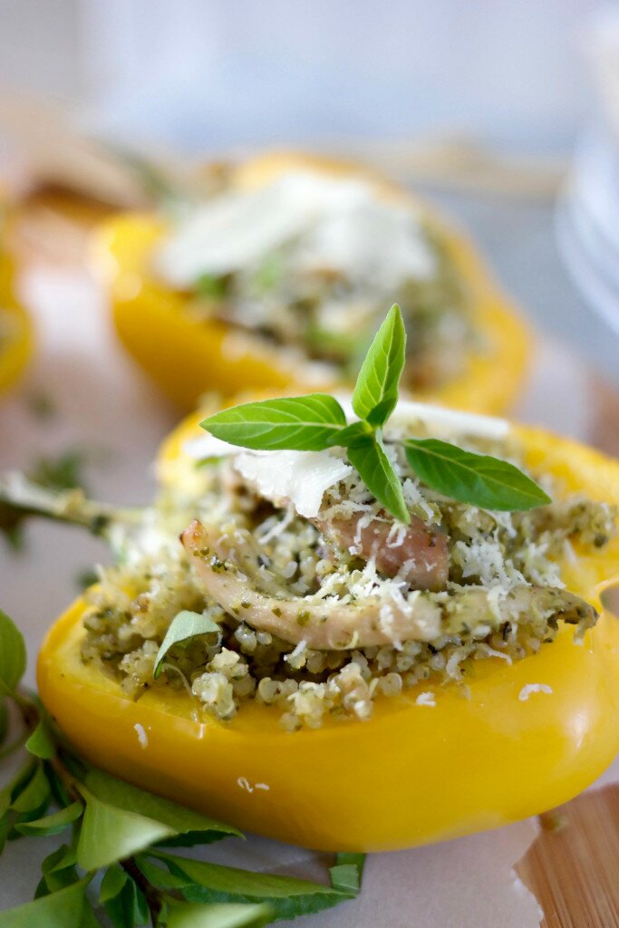 Pesto Chicken Stuffed Bell Peppers