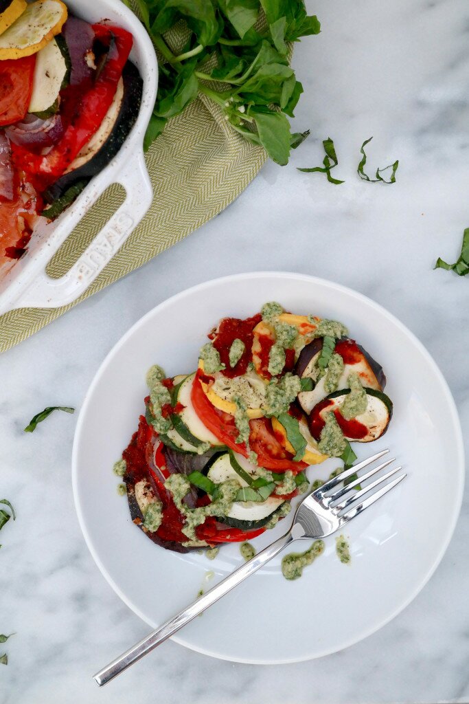 Roasted Ratatouille with Basil Walnut Pesto