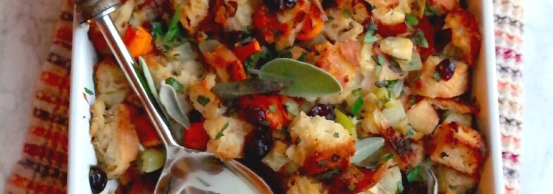 Simple Herb Stuffing with Pancetta and Persimmons